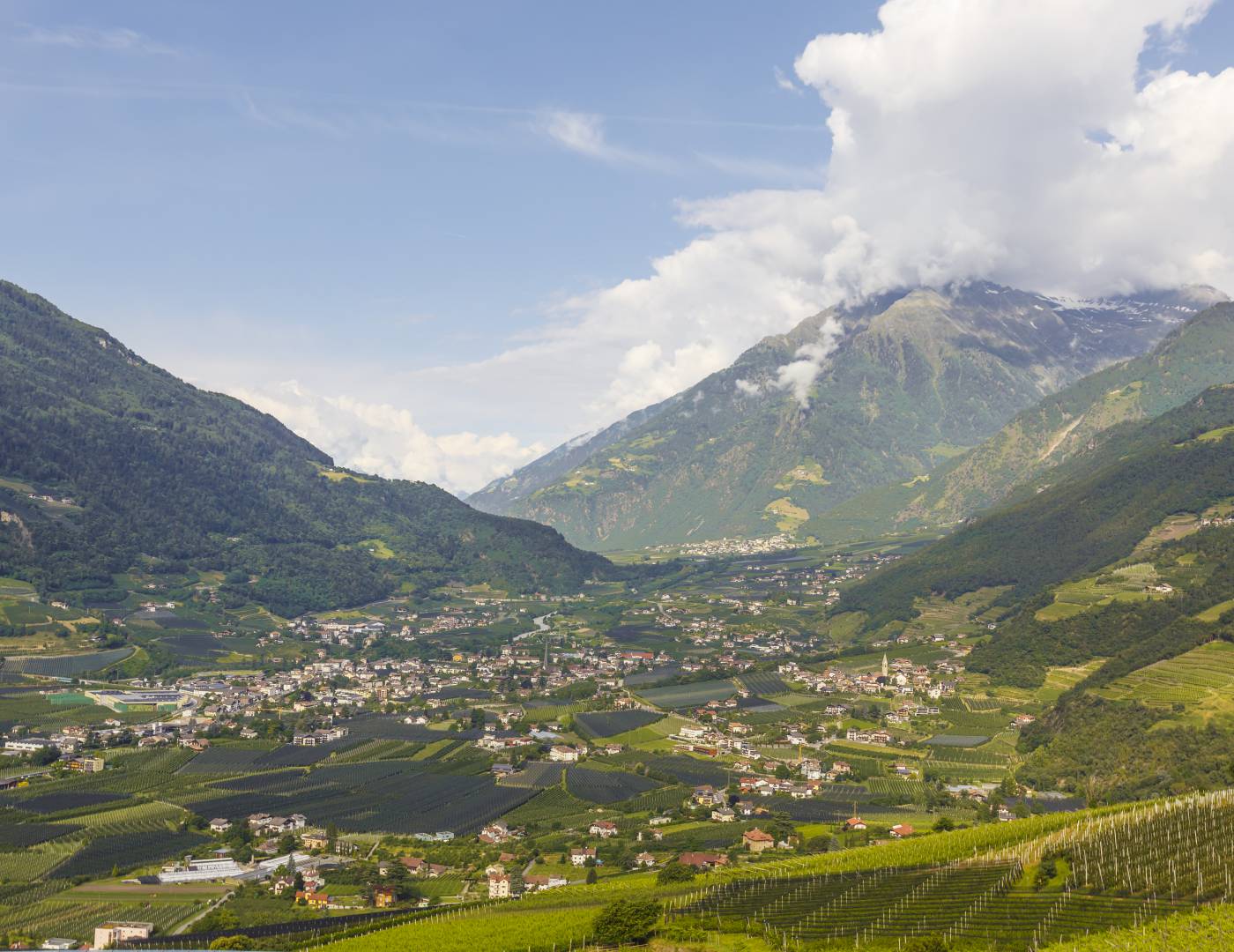 Vista panoramica sulla città di Merano con le montagne circostanti