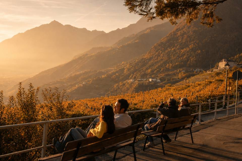 Zwei Paare entspannen im November in der Sonne auf einer Bank und genießen den Blick auf Schloss Tirol